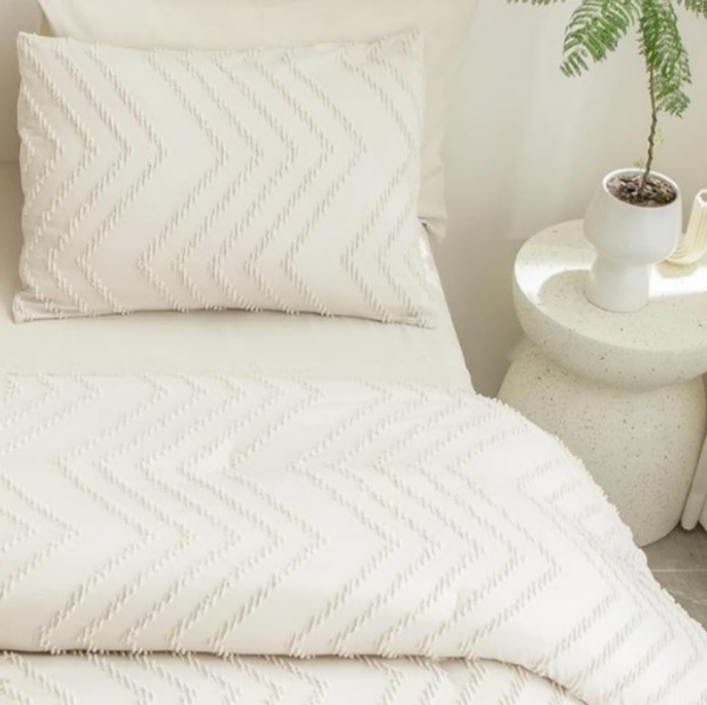 Chevron Tufted Boho Cream Ivory Twin Size Bed Zigzag Comforter Set Natural White